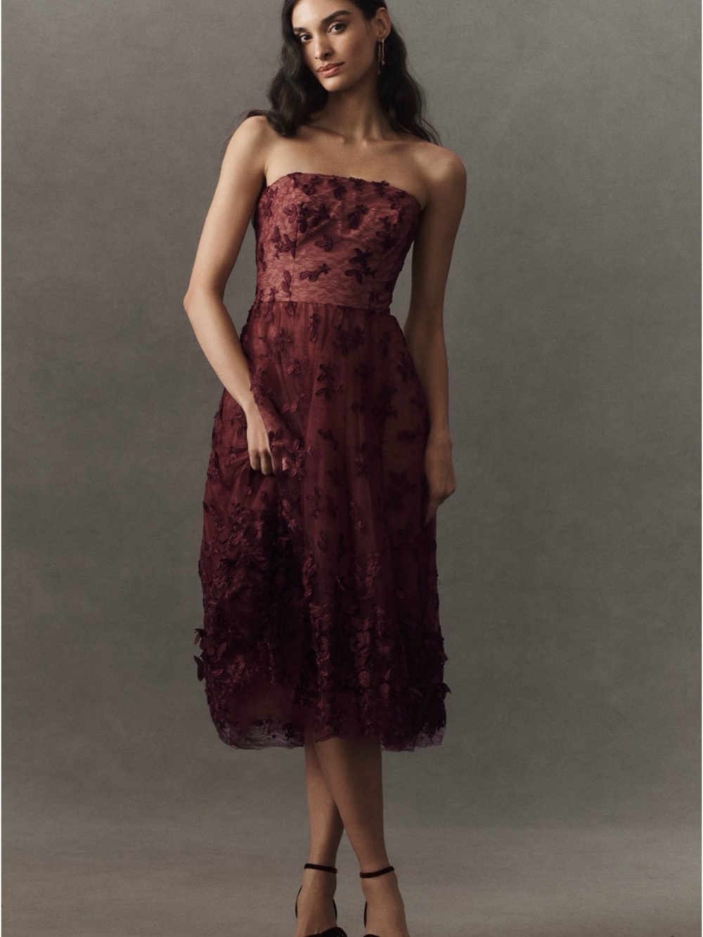 Dress The Population Kailyn Strapless Embroidered Lace Fit & Flare Midi Dress